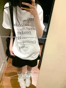 女款 Y2K 休閒白色字母印花寬鬆短袖 T 恤－夏季街頭風寬鬆上衣 - 白色 - 查看 1
