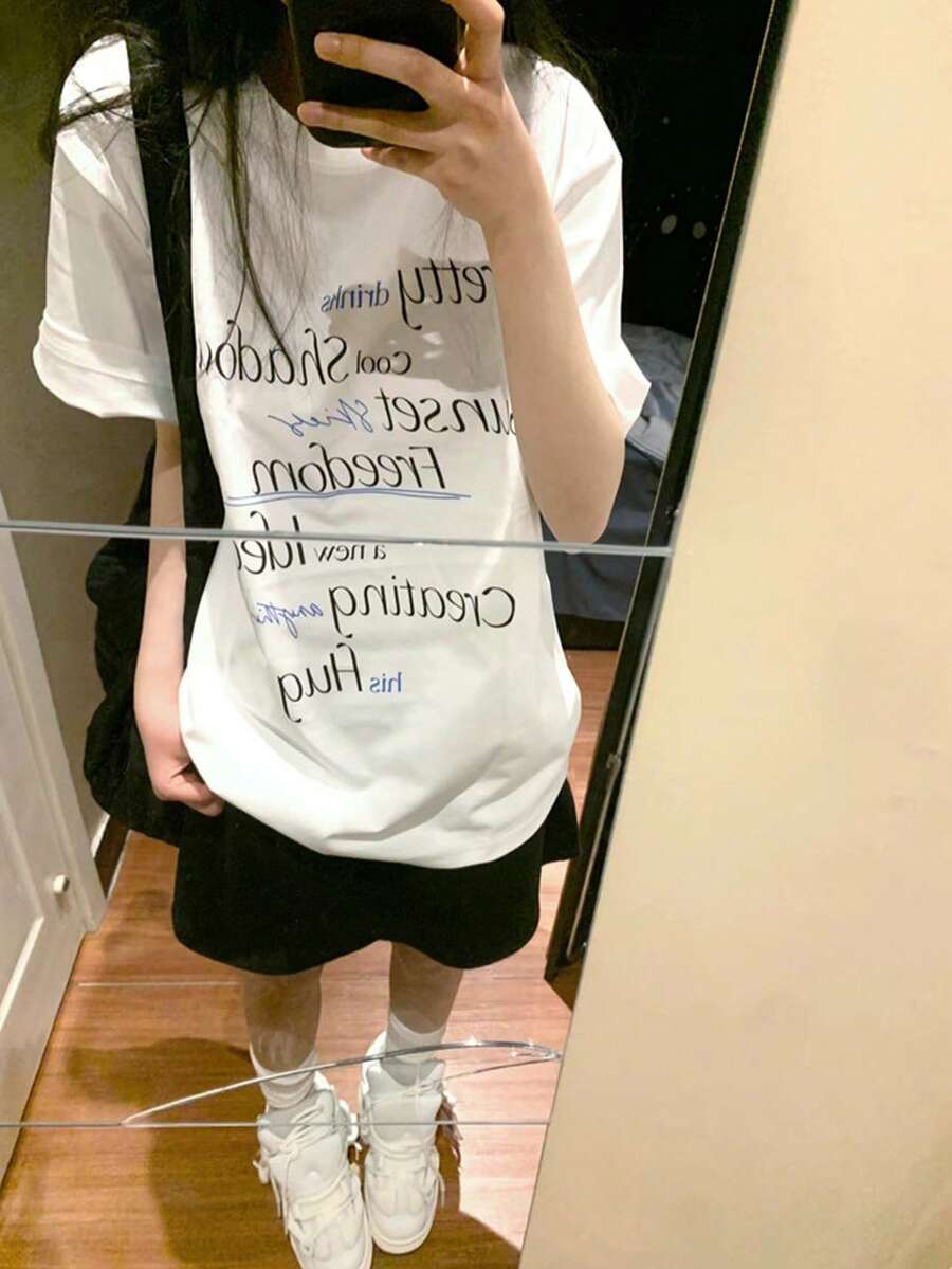 女款 Y2K 休閒白色字母印花寬鬆短袖 T 恤-夏季街頭風寬鬆上衣 - 白色 - 查看 1