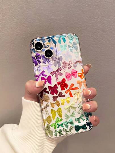 Bow-Knot 1pc Girly Rainbow Bow Collage, Satin Plaid Texture, Cute & Aesthetic Gift, Transparent Soft TPU Phone Case With Anti-Slip, Anti-Drop, Anti-Yellow, Lightweight, Full Coverage Compatible With Apple Phones