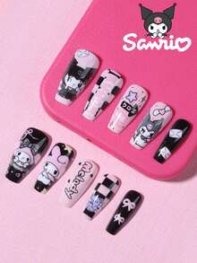SANRIO 24片中号粉色和黑色法式美甲贴纸，包含可爱的3D装饰图案，如音符、蝴蝶结、星星、爱心等，适合日常、派对、特殊场合，完美贴合人造指甲。 - 彩色 - 查看 2