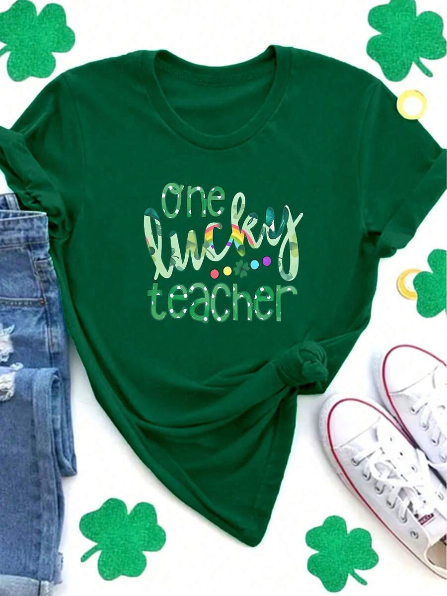 St. Patrick's Day Women's T-Shirt With "One Lucky Teacher" Slogan, Rainbow + Four-Leaf Clover + Confetti Decor, Holiday Style - 綠色 - 查看 1