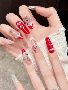 10片手工制作按压式椭圆/长形美甲贴纸，适合派对和日常佩戴；“雪中漫步梅花”水彩手绘猫眼梅花图案椭圆/长形美甲贴纸，易于粘贴；10片Y2K手工按压式美甲贴纸，适合女孩和女士在节日和日常美甲时佩戴。 - 紅色 - 查看 3