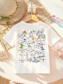 Disney Princess Cartoon Castle Alphabet Double-Sided Print Pattern Girls' T-Shirt - Children's Clothing Design Short-Sleeve Casual Cute Style Comfortable And Relaxed Suitable For Boys And Girls, Perfect For Parties And Play Machine Washable Gift Children's Clothing Girls' Short-Sleeve Shirt - 白色 - 查看 3