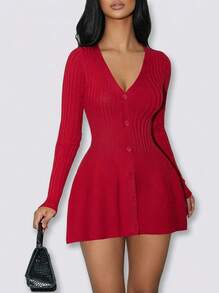 Sedessea Y2K 简约休闲前扣紧身 V 领长袖喇叭下摆罗纹针织毛衣秋季 - 紅色 - 查看 1