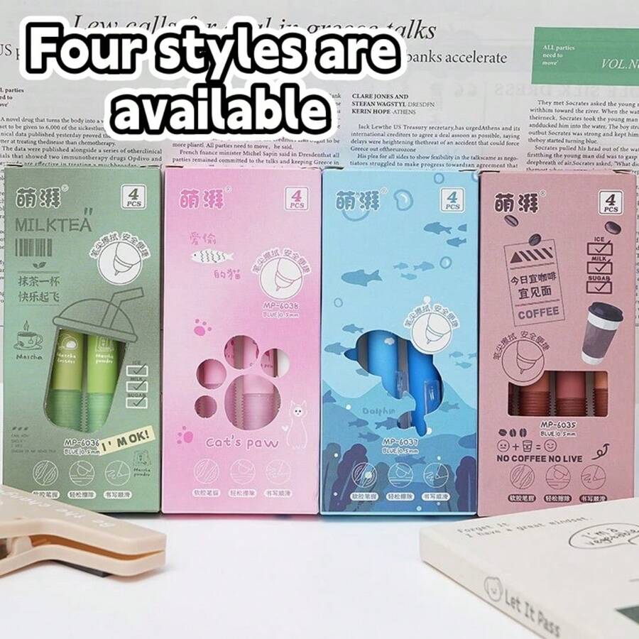 4 支装多主题（猫爪/咖啡/海豚/奶茶）可伸缩可擦凝胶笔 - 可爱卡哇伊书写工具，配有柔软握柄、不晕染可擦墨水（擦拭不留残胶）和顺滑的按压式伸缩设计，使用方便。 - 咖啡主題 - 查看 1