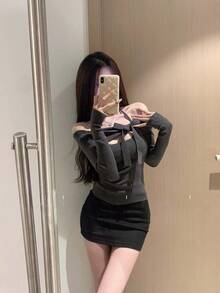 Áo len dài tay trễ vai thắt nơ hiệu Niche dành cho nữ - Xám - Xem 6