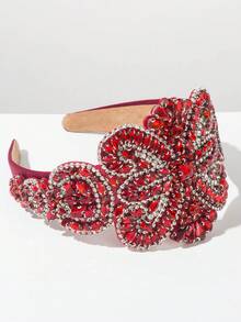 1件复洛克风格布艺发箍，饰以奢华水钻，高品质优雅女士头饰，适合正式场合，红色发箍发圈 - 紅色 - 查看 2