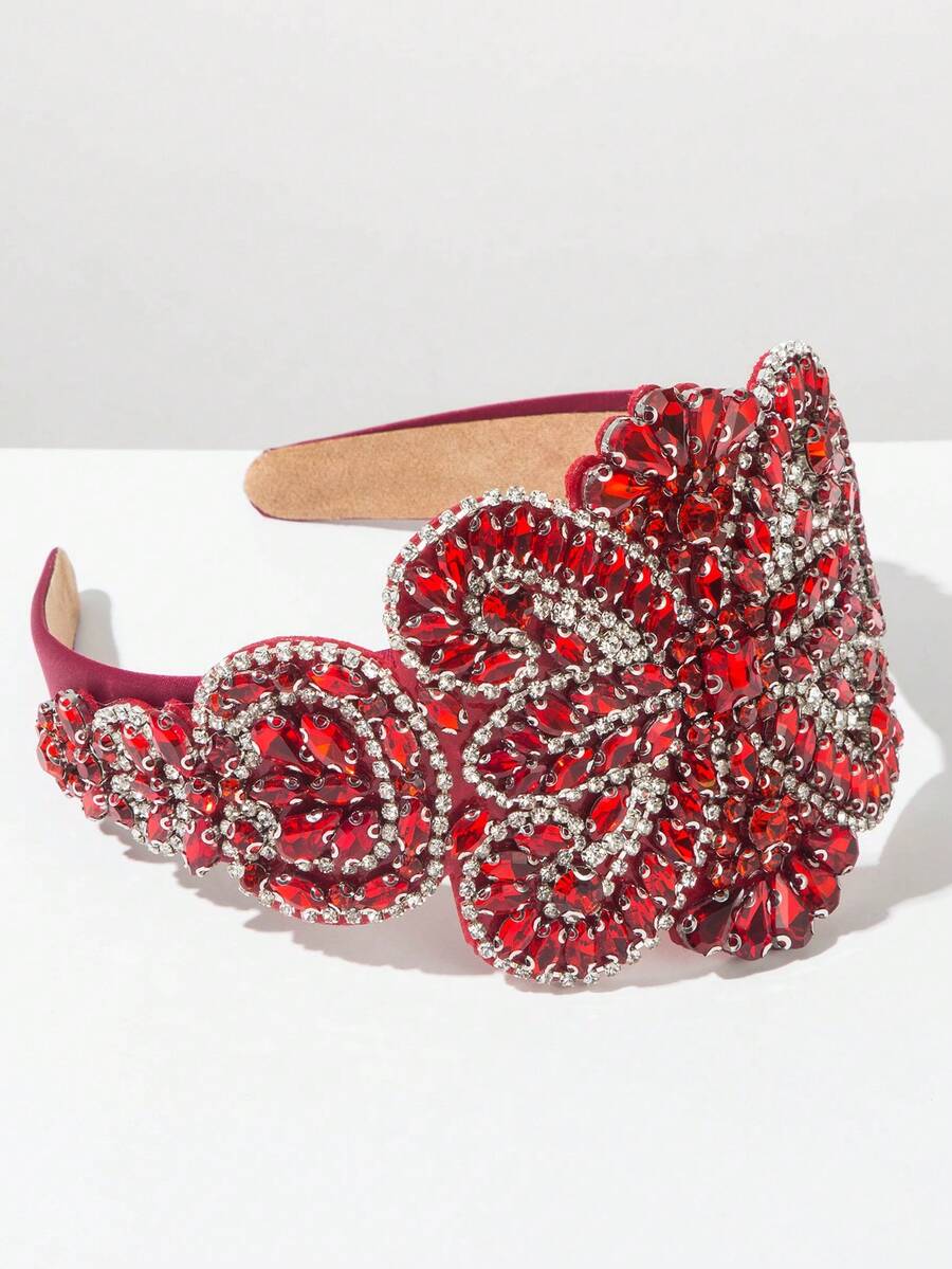 1件复洛克风格布艺发箍，饰以奢华水钻，高品质优雅女士头饰，适合正式场合，红色发箍发圈