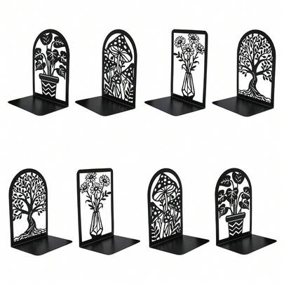 Plant (Mushroom/Potted Plant/Vase/Tree Of Life) Decorative Black Metal Book Holder, Strong Load-Bearing Capacity, Suitable For Bookshelves, Modern Library Style, Anti Slip Design, Home Decoration.
