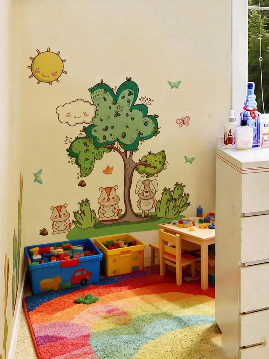 Fun Animal & Bird Wall Decals - DIY Cartoon Monkey, Giraffe, Lion Murals - Contemporary PVC Home Decor Stickers For Living Room - Multicolor - View 1