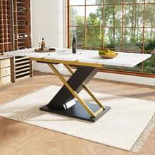 Extendable Dining Table (120-160 X 80cm), Kitchen/Living Room Table, Extendable Dining Table (Extends Up To 160cm Via An Integrated Insert Plate), Dining Table With Gold-Tone Crossed Legs - Black - View 6