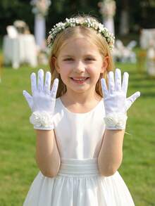 儿童缎面光滑弹力手套一双装 - 缎面花童手套，适合女孩选美比赛、芭蕾舞表演、公主生日派对和婚礼，超柔软 - 1Pair - 查看 8