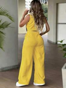 2pcs Women's Minimalist Fashion Casual Set, Front-Buttoned Sleeveless Vest And High Waist Button-And-Zipper Pocket Straight-Leg Pants Two Pieces Set, Solid Color - 黃色 - 查看 5