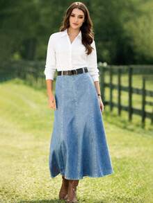 女式水洗深蓝色弹力牛仔迷你裙 - 淺色水洗藍 - 查看 2