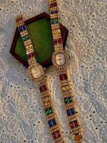 1pc New Luxury Colorful Gemstone & Crystal Inlaid Vintage Elegant Fashion Women's Watch, Oval Faux Pearl Dial, 30M Water Resistant, Suitable For Daily Wear, Parties, Vacations And Outings - Gold - View 1