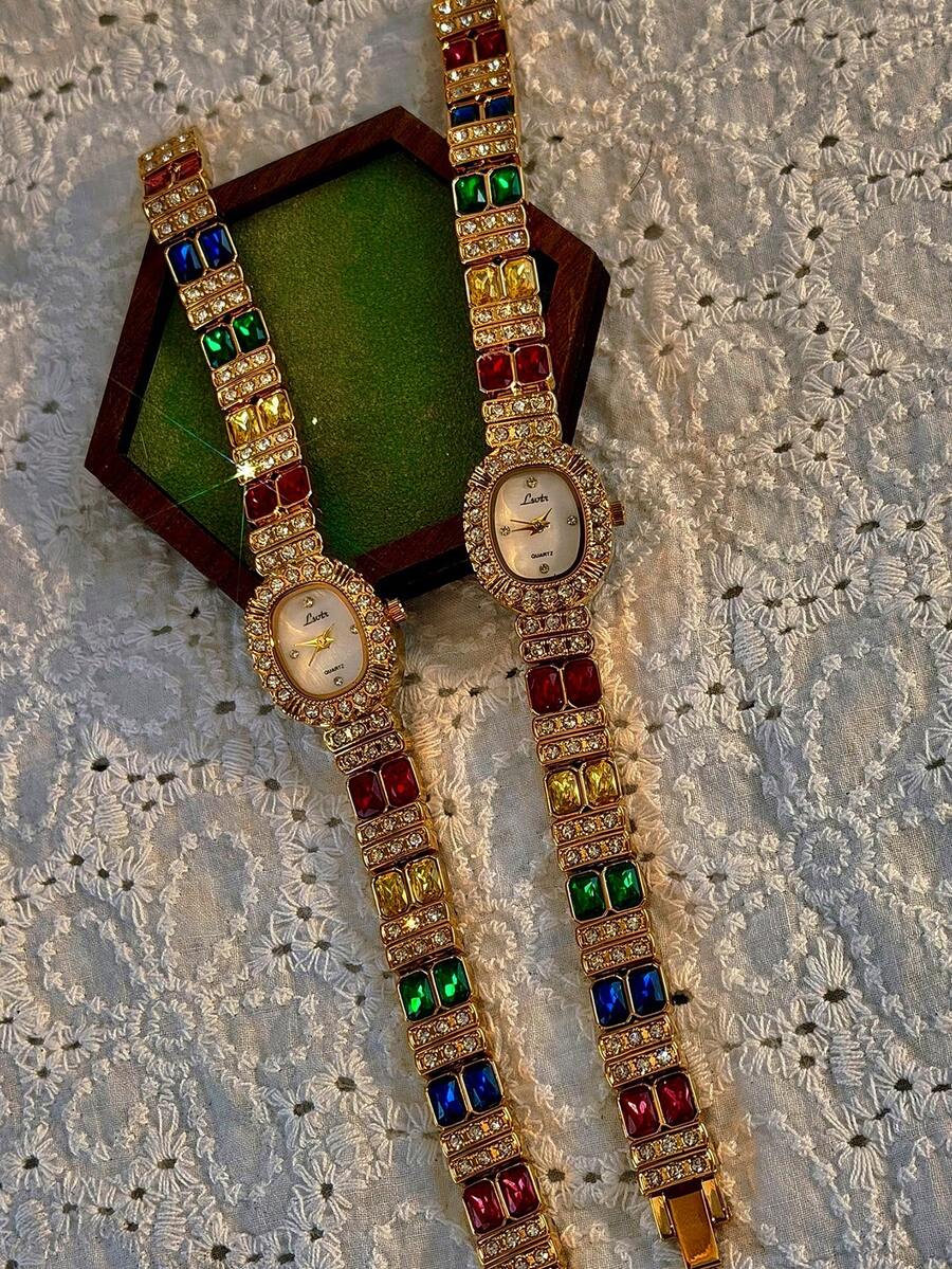 1pc New Luxury Colorful Gemstone & Crystal Inlaid Vintage Elegant Fashion Women's Watch, Oval Faux Pearl Dial, 30M Water Resistant, Suitable For Daily Wear, Parties, Vacations And Outings - Gold - View 1