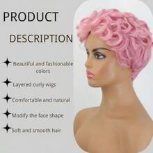 DPink Curly Wig Afro Pixie Cut Curly Wigs For Women Pixie Fluffy Wig With Bangs Mixed Pink Synthetic Cute Wigs For Black Women - Pink - 查看 4