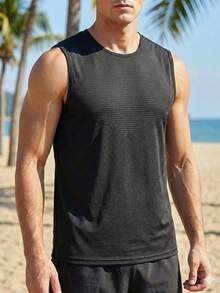 Camiseta de tirantes de secado rápido para hombres, camiseta sin mangas con panel en V texturizado para gimnasio & deportes de carrera - Negro - Ver 4