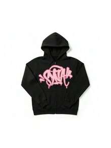 Black Zip-Up Hoodie With Streetwear Print, Unisex - Black and Pink - View 4