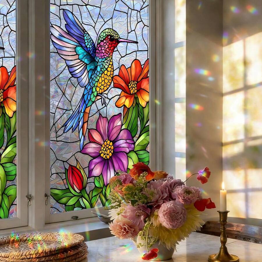 1/2pcs Colorful Stained Glass Style Hummingbird & Floral Window Film, Static Cling Privacy Sticker, UV Protection, Rainbow Effect, Suitable For Home, Office, Bathroom Door & Window Decor