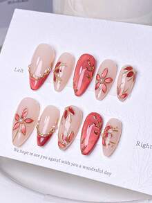 10片手工按压式美甲贴，短指甲，假指甲，法式美甲，杏仁形，粉色指甲，红色指甲，金色指甲，闪亮猫眼指甲，可爱指甲，情人节指甲，新年指甲，手绘猫眼金色镶边花朵指甲，饰以金珠和珍珠，包含美甲工具，易于粘贴和卸除，杏仁形指甲贴，适合女性和女孩。美甲用品 - 紅色 - 查看 2