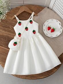 BASUSARRI Girls' Spaghetti Strap Dress With Strawberry V-Waist And Flared Skirt, Paired With Fashionable Mini Bag, Elegant & Cute Dress For Birthday Party And Casual Occasions - White - View 2