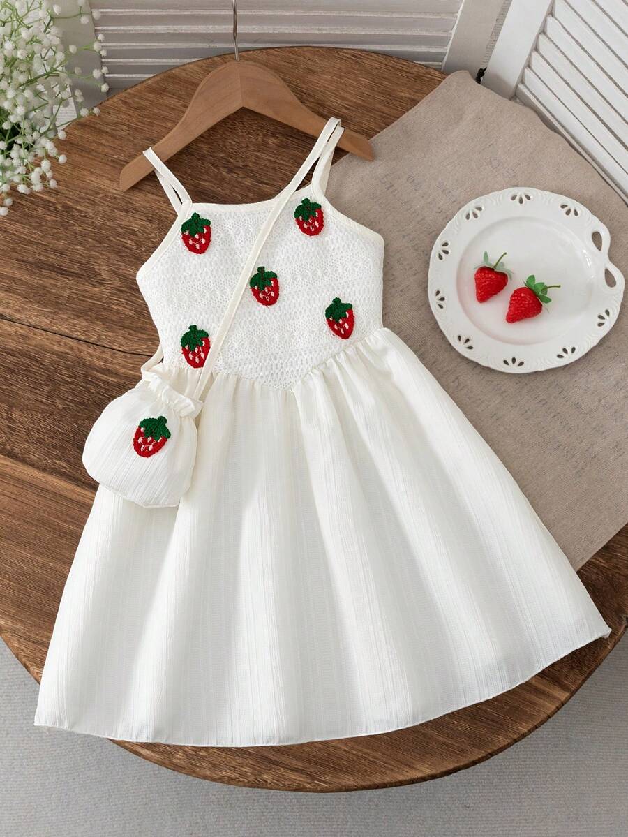 BASUSARRI Girls' Spaghetti Strap Dress With Strawberry V-Waist And Flared Skirt, Paired With Fashionable Mini Bag, Elegant & Cute Dress For Birthday Party And Casual Occasions - White - View 1