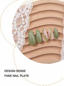 24pcs French Green Line Glitter Press-On Nails, With Jelly Gel And Nail File, Durable And Chic, Suitable For Holidays, Daily Wear, School, Office, Party, Nail Art, Nail Kit - Multicolor - View 2