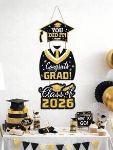 2026 Black Graduation Decorations Door Signs Congrats Grad Class Of 2026, Graduation Wreath Hanging Signs Photo Booth Prop For Senior Party - Black - View 4