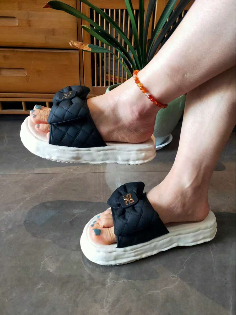 女士夏季度假波西米亚风厚底拖鞋 - 黑色 - 查看 1