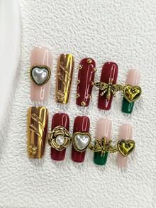 10片“秘密花园”美甲贴纸，手工美甲套装，金色珠子美甲装饰，蜜蜂、爱心、山茶花美甲装饰，深绿色、深红色和金色凝胶美甲，3种尺寸：杏仁形、鸭嘴形、棺材形美甲，包含工具包，适合女性和女孩，可用于派对、拍照、日常美甲。 - 彩色 - 查看 11