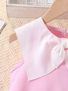 Đầm hồng không tay cho bé gái, cổ bẻ rộng, nơ trắng, bèo nhún ren, kiểu dáng công chúa mùa hè. - Hồng - Xem 4