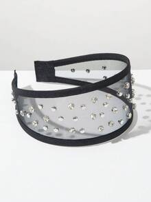 1pc Solid Color Mesh Wide-Banded Korean Style Headband, Simple & Fashionable With Rhinestone Rivet Decor, Elegant & Versatile Hair Accessory For Daily Wear Hairband Hair Hoop Beauty Home Hair Accessories - Black - View 4