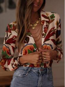 Women's Long Sleeve Shirt With Vibrant Floral Pattern, Fashion Stand Collar Polyester Front Button Blouse Vacation Spring - Multicolor - View 2