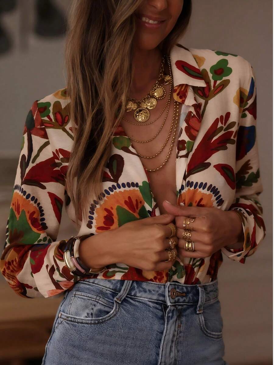 Women's Long Sleeve Shirt With Vibrant Floral Pattern, Fashion Stand Collar Polyester Front Button Blouse Vacation Spring