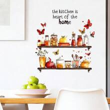 1/3片装防水厨房墙贴，悬浮置物架设计，配有食品罐和励志语录乙烯基贴纸，适用于家居装饰厨房防溅板艺术 - 彩色 - 查看 3