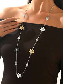 1pc Elegant High-End Unique Retro Fashionable Personalized Faux Pearl Flower Shell Beaded Long Necklace, Versatile For Daily Wear And Festive Occasions