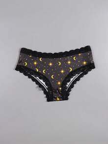 Dircho 5pcs Women's Mystic Print Briefs Set & Celestial & Mushroom & Deer Pattern & Black Lace Trim & Soft Fabric & Dark Tone Scheme & Daily Comfort Underwear & Enchanting Casual Style - Multicolor - View 6