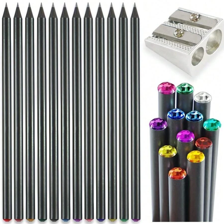 12pcs Black Diamond Wooden Pencils + 1pc Pencil Sharpener. Premium HB Pencils For Students, Writing And Sketching, Suitable For School And Office Use. Shiny Crystal Tip Wooden Pencils - 0.5mm HB Neutral Pencil Lead, Quality Wood, Suitable For Drawing And Writing, Suitable For School And Office Use. Random Drill Tip Color. - Quantity - View 1