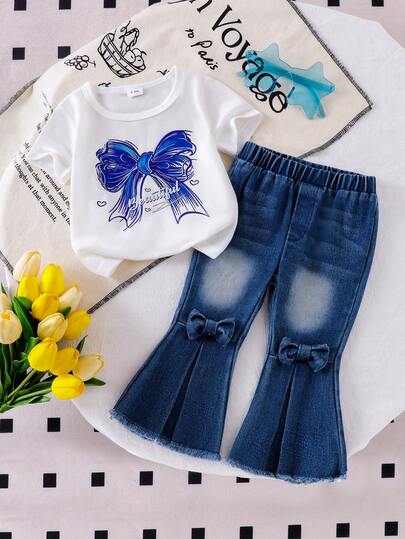 2pcs Baby Girl Cute Bow Print Short Sleeve Round Neck T-Shirt Top And Bowknot Denim Flare Leg Pants Set