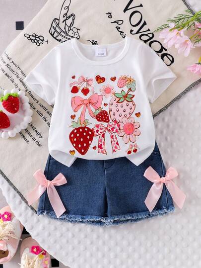 2pcs Baby Girl Casual Summer Set: Strawberry Flower Bow Print Round Neck Short Sleeve T-Shirt Top And 3D Butterfly Fringe Denim Shorts