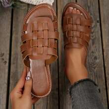 Womens Dressy Summer Sandals Outdoor Walking Travel Flats Slides Shoes Round Toe Braided Comfy Closed Toe Woven Vacation Mules - 棕色 - 查看 4