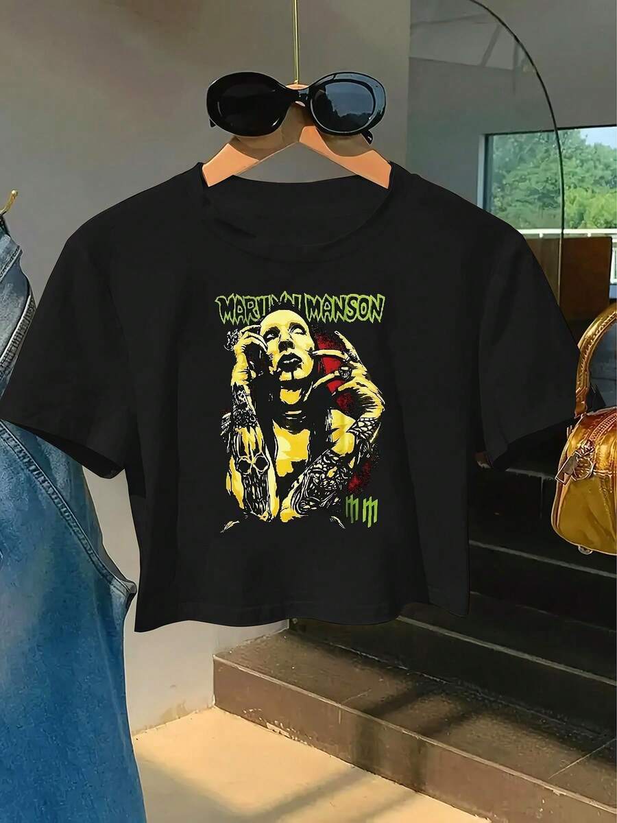 Y2K Marilyn Manson Print Crop Top - Cropped T-Shirt With Round Neck & Short Sleeves, Yellow & Green Casual Summer Outfits, Suitable For Spring Summer Fall Layering, Iconic Manson Logo Design, Suitable For Parties & Casual Attire - 黑色 - 查看 1