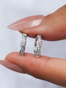 S925 Sterling Silver Twisted Fully Paved Crystal Hoop Earrings, French Elegant Hypoallergenic Ear Piercing, Valentine's Day Birthday Gift For Women And Girls, Versatile - Silver - View 6