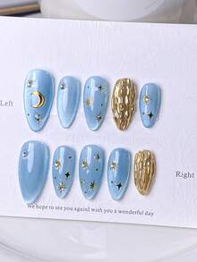 10片手工制作的按压式美甲贴片，短款杏仁形美甲，假指甲，法式美甲贴纸，金色、白色、粉色、红色，可爱猫眼图案，优雅奢华风格，金色猫眼渐变，手绘3D金色线条钻石郁金香，美甲宝石装饰，可重复使用，适合女性和女孩 - 淺藍色 - 查看 1