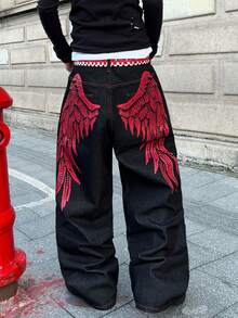 1pc American Street Style Men's Printed Wide Leg Jeans, Fashionable Loose Fit Washed Denim Pants, Comfortable For All Seasons (No Belt Or Accessories) - màu đen - Xem 4