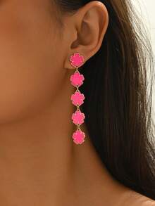 1 Pair Fashionable, Elegant, Minimalist, Versatile New Design Clover & Flower Drop Tassel Earrings, Suitable For Daily Wear, Parties, And Gifts - Golden Yellow + Rose Red - View 4