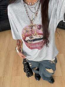 2026 Summer ShirtCoolane Women's Summer Concert Streetwear Vintage Casual Y2K Hippie Old Money Comfortable Lips Graphics Oversized White TeesLoose An - 淺灰色 - 查看 4