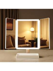 1个三折LED化妆镜，3倍/2倍/1倍放大倍率，便携式高清化妆镜，亮度可调，可折叠设计，带支架和三色灯光，内置1800mAh可充电电池，USB充电，方便旅行携带，带触摸屏调光功能，是送给女性的最佳礼物，情人节礼物，圣诞节礼物。