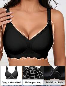 Wireless Push Up Bra For Women - Supportive No Underwire Comfy Bralette With Deep V Wavy Neck & 3D Lifting Cups, Breathable Soft Bandeau Bra Hide Side Fat - 黑色 - 查看 11